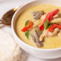 Green Curry · Dairy free, gluten free. Spicy green curry paste cooked in coconut milk with bamboo shoots, ...
