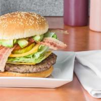 B-17. California Burger · Swiss, fresh avocado, bacon, onion, lettuce, pickle, tomatoes, with house sauce.