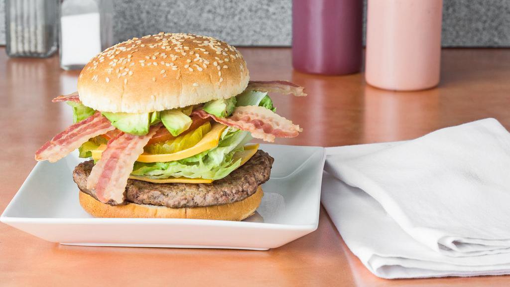 B-17. California Burger · Swiss, fresh avocado, bacon, onion, lettuce, pickle, tomatoes, with house sauce.