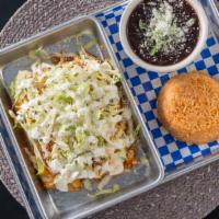 Enchilada · Three corn tortillas rolled in RED or GREEN sauce, choice of protein, baked in cheese, toppe...