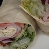 Deli Club Wrap · Romaine lettuce, ham, turkey, bacon, white American cheese, tomato, red onion, and mayo insi...