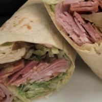 Hot Italian Wrap · Sautéed ham, salami and hot capicola, mushrooms, onions, green peppers and hot peppers with ...