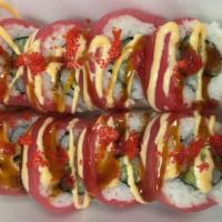 Playboy Roll · Tempura shrimp, avocado, and cucumber, topped with fresh tuna, tobiko, spicy mayo, and sushi...