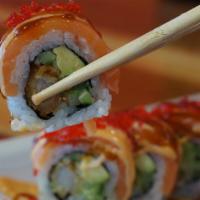 Tiger Roll · Tempura shrimp, avocado, and cucumber, topped with fresh salmon, tobiko, spicy mayo, and sus...