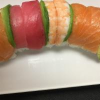 Rainbow Roll · Avocado, cucumber, and crabmeat, topped with tuna, salmon and shrimp (ebi). spicy mayo, eel ...