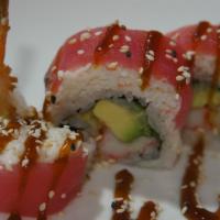 Mars Roll · Tempura shrimp, cucumber, 
topped- tempura crabmeat, fresh tuna, eel sauce.
