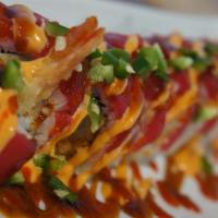Blazin' Tuna  Roll · Tempura shrimp, cucumber, and crab salad, 
topped  tuna,  spicy mayo, sushi sauce, sriracha ...
