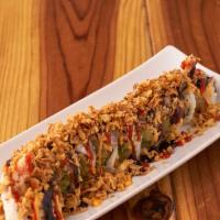 Spicy Crunch Roll · Tempura shrimp, avocado, and crab salad, topped with sriracha sauce, spicy mayo, sushi sauce...