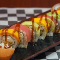 Rainbow Mango Roll · In- Tempura Shrimp, Crab salad
Topped-Salmon, Avocado, Tuna, Mango,  sushi sauce