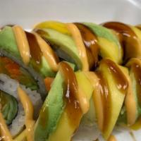 Garden & Mango Roll · in-  carrot,  cucumber, pickled radish
topped- Mango, Avocado  topped- spicy mayo, sushi sau...