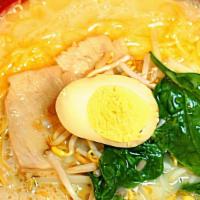 Tonkotsu Ramen · Pork broth, pork chashu, boiled egg,  bean sprouts and spinach.