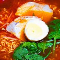 Korean Spicy Ramen · Boiled egg, bean sprouts, spinach and pork chashu.