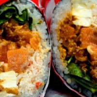 Vegas Burrito · Avocado, cucumber, fresh salmon, spniach, cream cheese, crab stix, tempura flakes, spicy may...