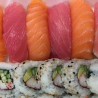 Fish Combo 1 · Three pieces tuna nigiri, three pieces salmon nigiri and one California roll 10pcs.
