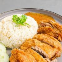 Khao Mun Gai Todd · Ginger rice top with crispy fried chicken serve with clear chicken bone broth and homemade s...