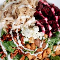 Chicken & Beets · Roasted chicken, diced beets, spinach, arugula, pecans, goat cheese vin, croutons.