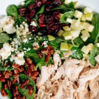 Maple Apple Pecan · Spinach, green apples, roasted chicken, pecans, feta cheese, sun-dried cranberries, house-ma...