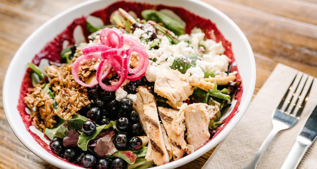 Chicken, Berry & Oats · Berry and oats: roasted chicken, warm house granola, spinach, spring mix, pickled red onion, blueberries, Feta, berry vin.