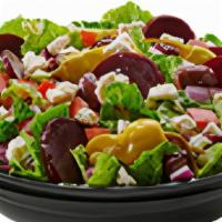 Greek Salad (Large) · Crisp romaine, cucumber, tomato, red onion, red pepper, green pepper, banana pepper, black o...