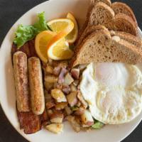 Anna'S Early Riser Special · Two eggs any style, two slices of bacon, two sausage links, hashbrowns or red potatoes and t...