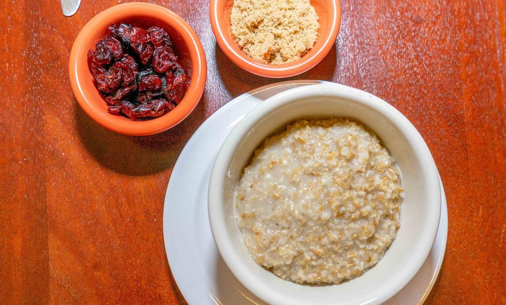 Steel Cut Organic Oats · Served with brown sugar and dried fruit.