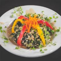 Kale Quinoa - Half · Massaged kale, carrots, cabbage, sautéed onion, red bell pepper, Thai sauce (almond butter, ...