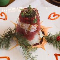 Tuna Shogun · Stacked sushi rice, crab, avocado, tuna.