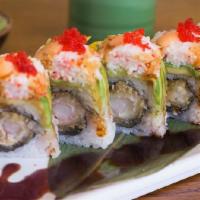 Crazy Roll · Salmon skin, eel, shrimp tempura top: crab salad, avocado, spicy and sweet sauce, tobiko.