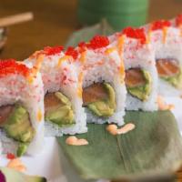 Arizona Roll · Hot. Spicy salmon, avocado, cucumber top: crab salad with spicy sauce tobiko.