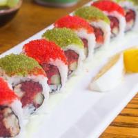 Wasabi Bomb Roll · Hot. Eel, spicy tuna, jalapeno top: red, black, wasabi tobiko with wasabi sauce.