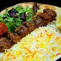Tenderloin Beef  Kabob · Served with fresh bread, saffron rice, tomato, onion, parsley, lime and mixed greens.