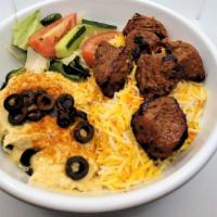 Kabob & Hummus Bowl · Served with your choice of meat, Hummus, Saffron Rice, Salad and Bread