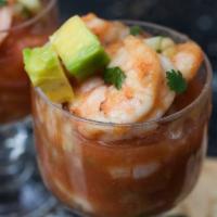 Shrimp Cocktail · Shrimp, clamato, lime juice, sweet chamoy, cucumber, hot sauce blend, tomatoes, jalapeños, a...