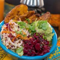 Vegan Bowl · Black beans, rice, cabbage salad, fried plantains, guacamole, bico (beet pico de gallo), ver...