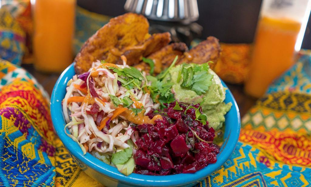 Vegan Bowl · Black beans, rice, cabbage salad, fried plantains, guacamole, bico (beet pico de gallo), verde sauce, plantain sauce and cilantro. Add queso fresco for additional charge. Add Queso Fresco for an additional charge. *Out of Plantains and plantain sauce  at the present time. Will substitute when possible.