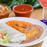 Combo #12 · shredded chicken or machaca beef burro, rice and beans