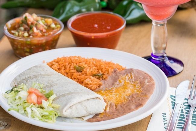 Combo #12 · shredded chicken or machaca beef burro, rice and beans