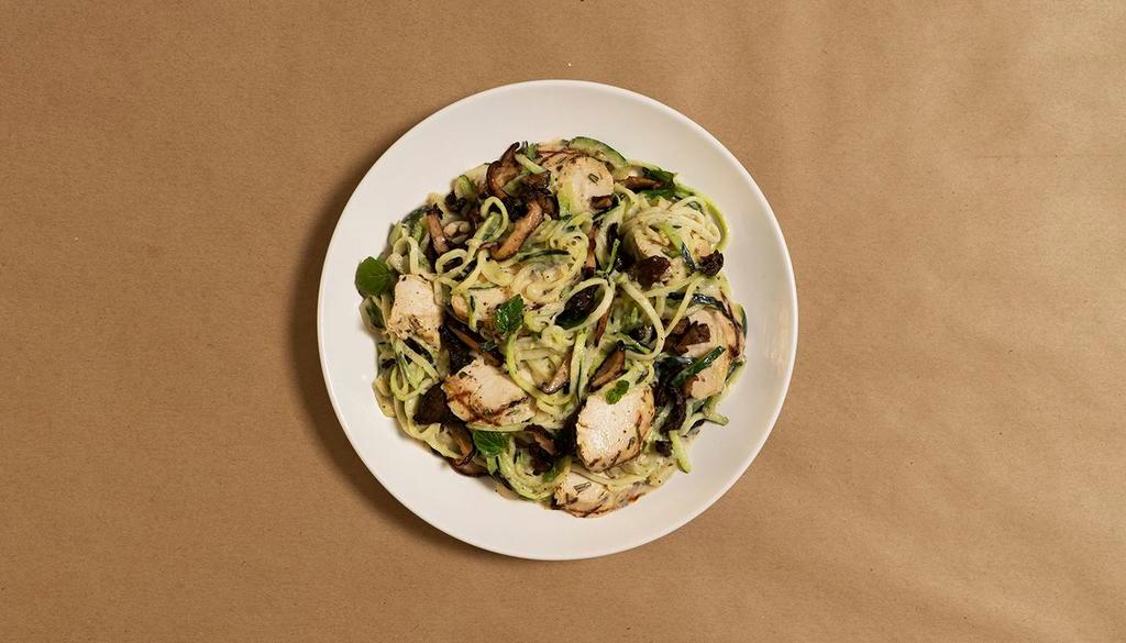 Chicken Mushroom Zoodles · Zucchini noodles in a rich cream sauce with grilled chicken, mushrooms, and fresh Parmesan cheese.
