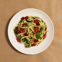 Vegetable Primavera Zoodles · Zucchini noodles in a bright lemon garlic sauce with broccoli, tomatoes, bell peppers, and f...