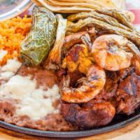 Skillet Mix (Beef, Chicken, Shrimp) · Includes grilled chicken, steak, and shrimp. Sides of rice, beans, and tortillas. Also mexic...