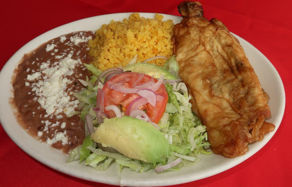 Chile Relleno · Cheese Stuffed Poblano Pepper, With a side of rice, bean, and a salad. Tortillas also included.