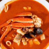 7 Mares Soup · Flavorful seafood stock with scallops, mussels, shrimp, fish, crab legs, calamari and fresh ...
