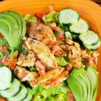 Fiesta Chicken Salad · Grilled chicken breast, served with mixed greens, cheese, tomatoes, cucumbers, avocado slice...