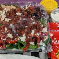 Spinach Salad · Baby Spinach, Red Onions, Black Olives,. Mushrooms, Sun-Dried Tomatoes, Roasted Red Peppers,...