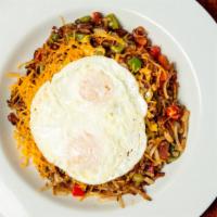 Loaded Hashbrowns · Golden hash browns, two eggs, melted cheddar, bell peppers, onions, and choice of bacon, cho...