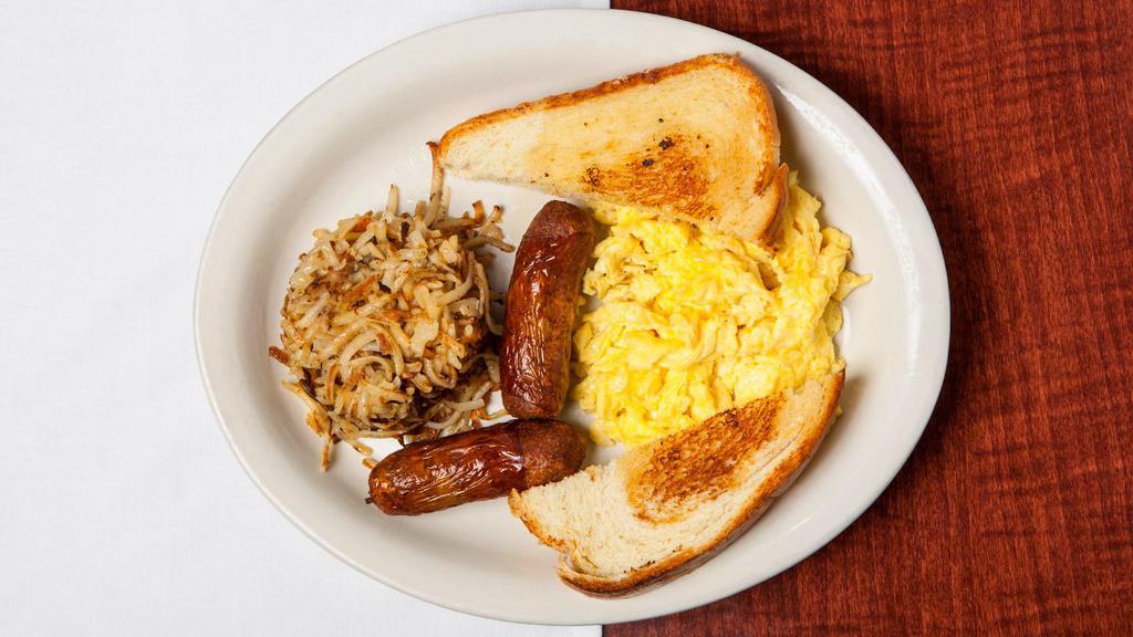Big Platter · Two eggs, two sausage link or two bacon strips, hash browns and choice of toast or English muffin.