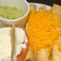 3 Beef Taquitos · 3 Rolled beef taquitos with lettuce, tomato, sour cream, fresh guacamole and cheese