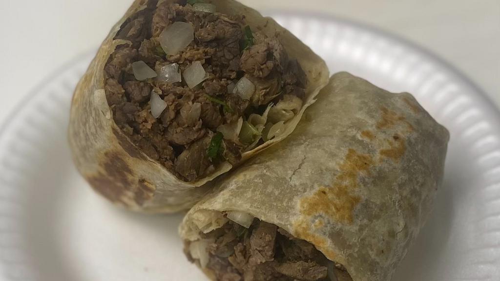 All Meat Burrito · Choice of meat, onions, cilantro and salsa