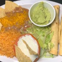 3 Rolled Taquitos Plate · Chicken or beef taquitos, rice and beans, lettuce tomato, sour cream, guacamole and chips.