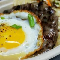 Loco Moco · 2 scoops rice, mac salad, and Asian slaw. Painted hills ground beef with gravy and a fried e...